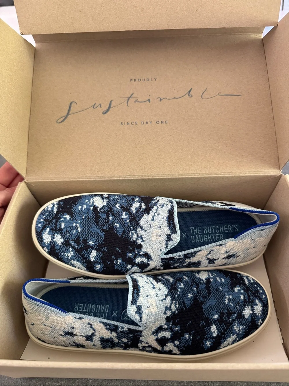 Rothy's womens Slip-On Knit Loafers in Blue and White Pattern